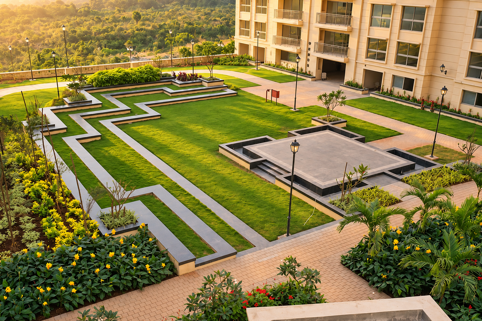 Outdoor landscaped space within Hiranandani Fortune City